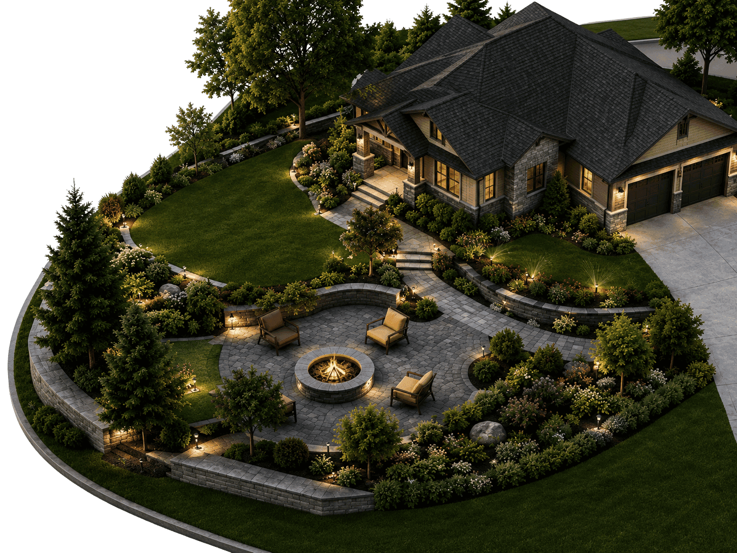 Aerial illustration of a landscaped residential property showing the lawn, patio, sprinklers, roof and driveway