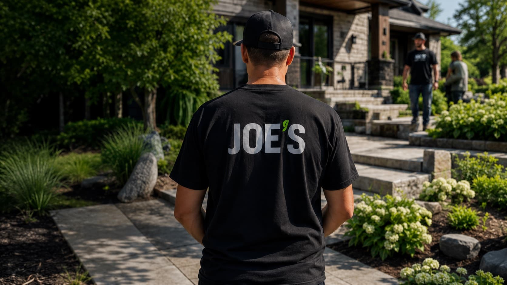 Joe's crew member in a branded t-shirt walking toward a property with teammates working in the background