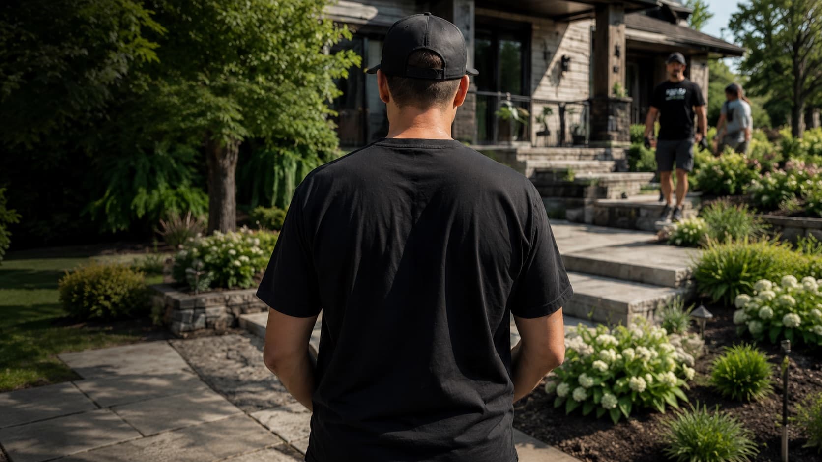 Joe's crew member walking toward a property with teammates working in the background