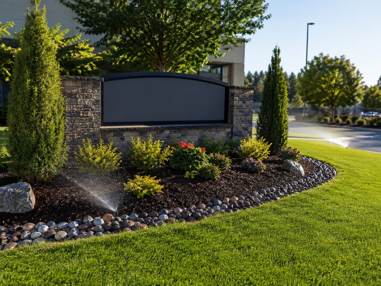 Commercial landscaping with irrigation, plantings and a stone monument sign
