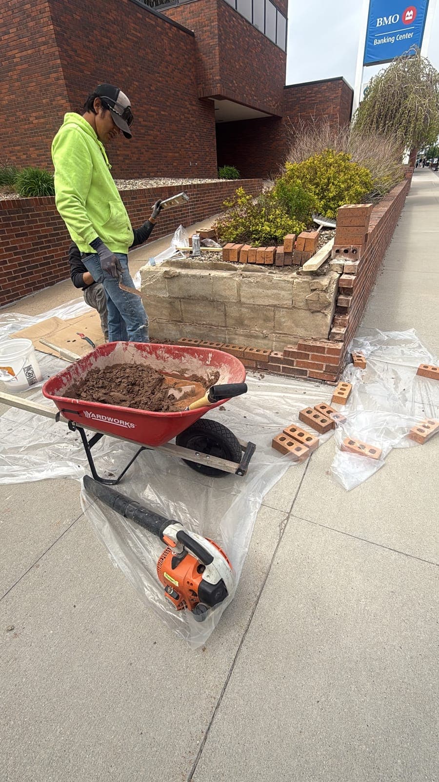 Elevated view of a hardscape patio and walkway