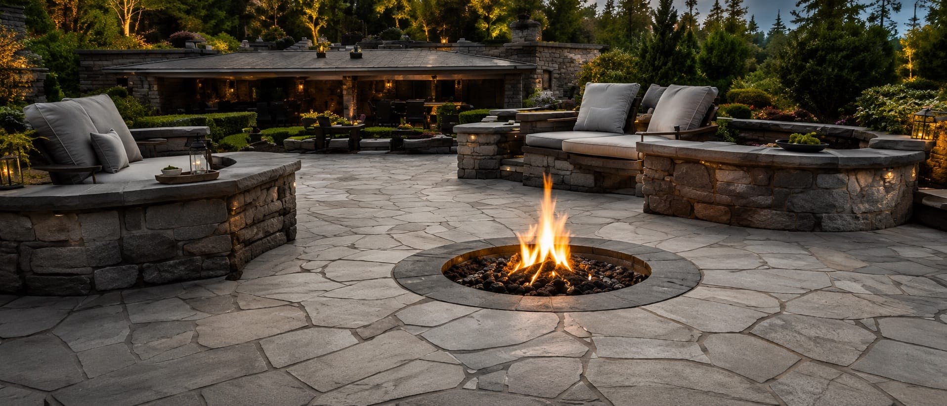 Stone patio with a built-in fire pit and seating walls at dusk