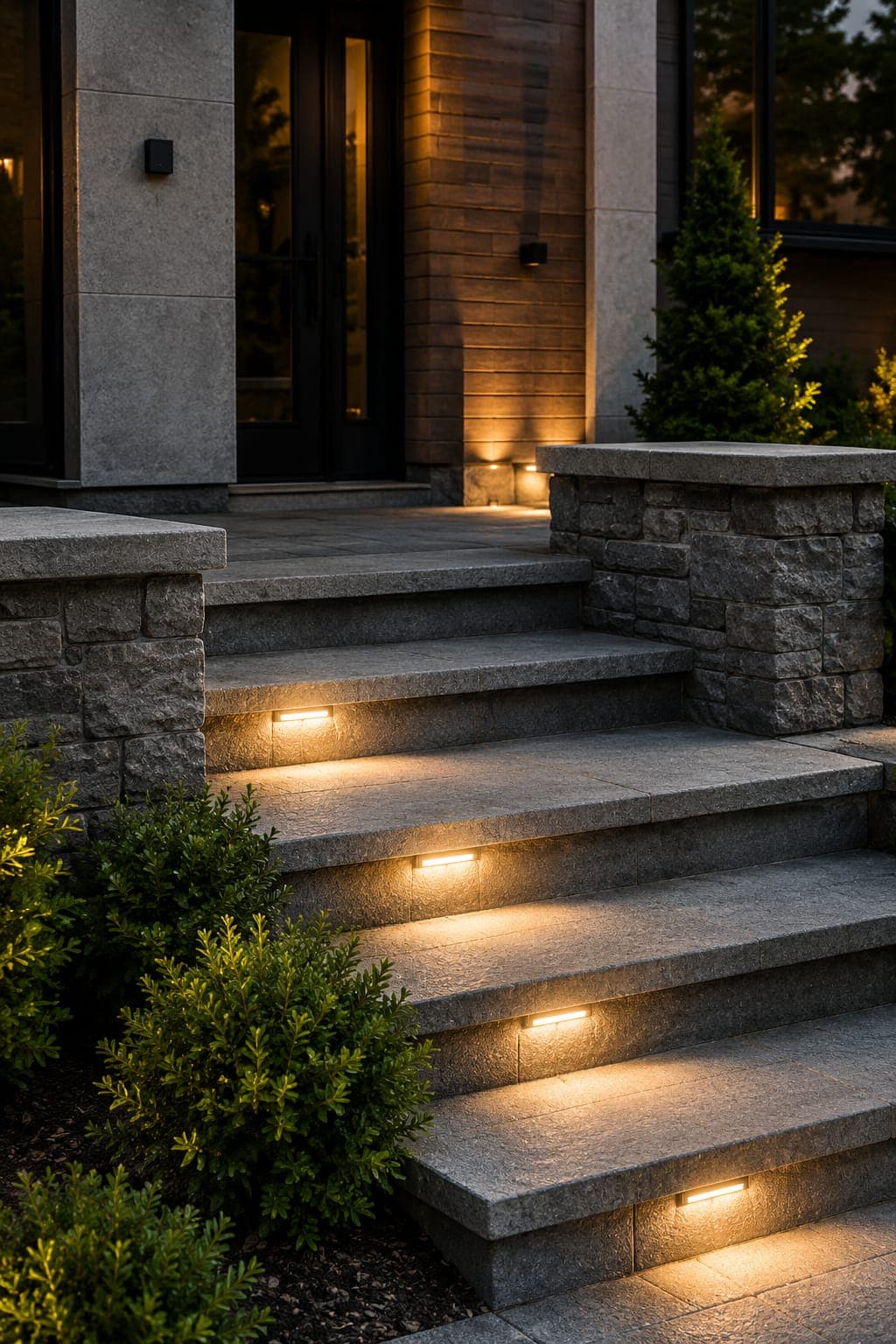 Stone steps with warm landscape lighting at dusk